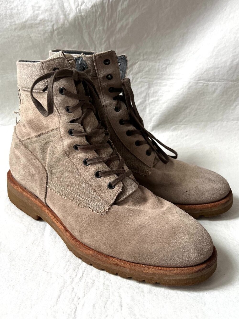 All Saints boots taupe beige suede lace up mens EU 44 US 11 leather canvas brown